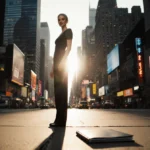 Jennifer Lawrence stands on NYC street with skyscrapers and neon lights showing her modeling portfolio on ground
