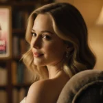 Jennifer Lawrence sits on an armchair with golden glow lighting her profile and a blurred bookshelf hinting a poster.