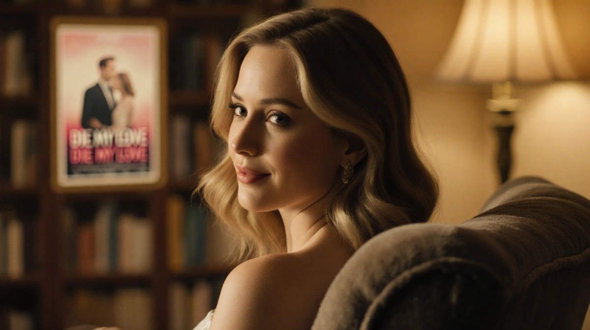 Jennifer Lawrence sits on an armchair with golden glow lighting her profile and a blurred bookshelf hinting a poster.