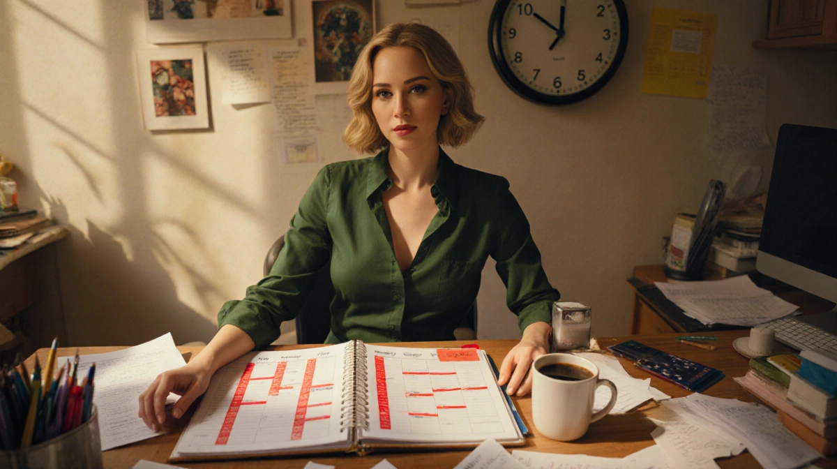 Jennifer Lawrence planning her schedule at cluttered desk with calendar showing red highlighted time slots and coffee nearby