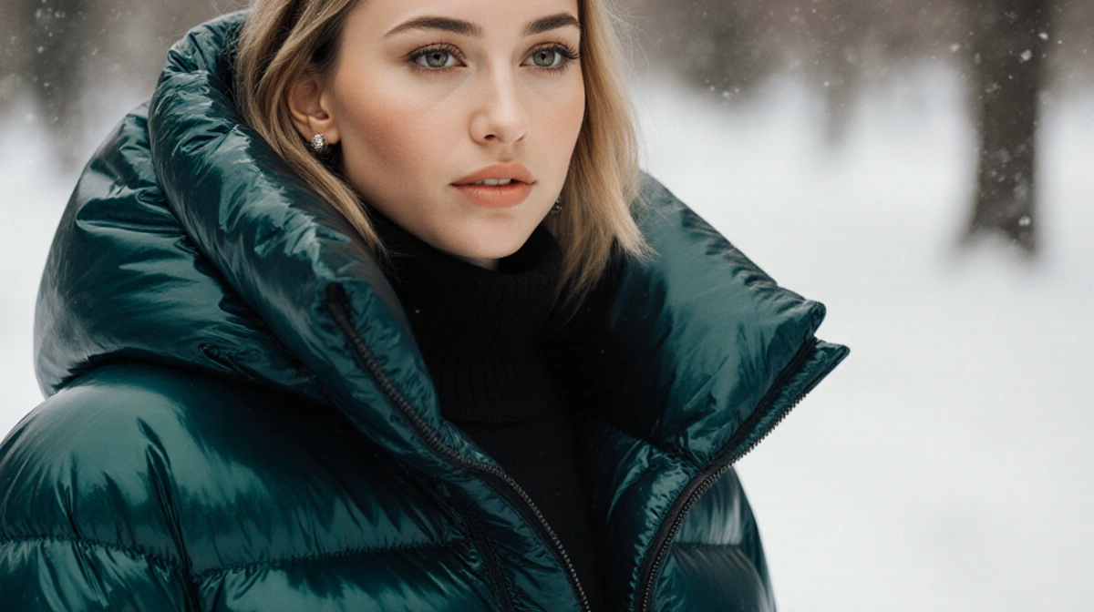 Jennifer Lawrence wears oversized puffer coat with glossy texture and vibrant color near blurred winter backdrop