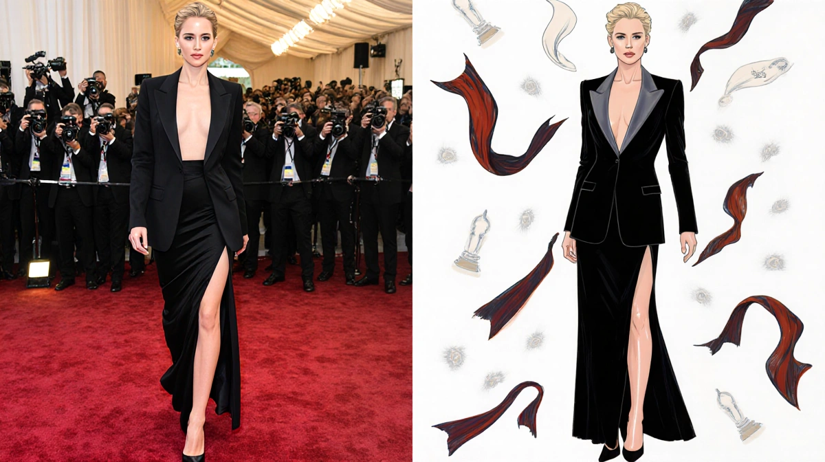Jennifer Lawrence walking red carpet in Christian Dior gown with high slit and plunging blazer with photographers nearby