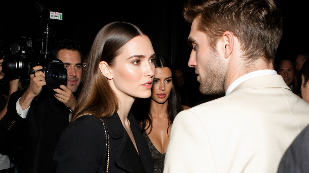 Jennifer Lawrence talking with Robert Pattinson and Kourtney Kardashian annoyed behind a jacket with a paparazzi camera