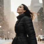 Jennifer Lawrence walking down snowy street with sleek black puffer coat and city skyline