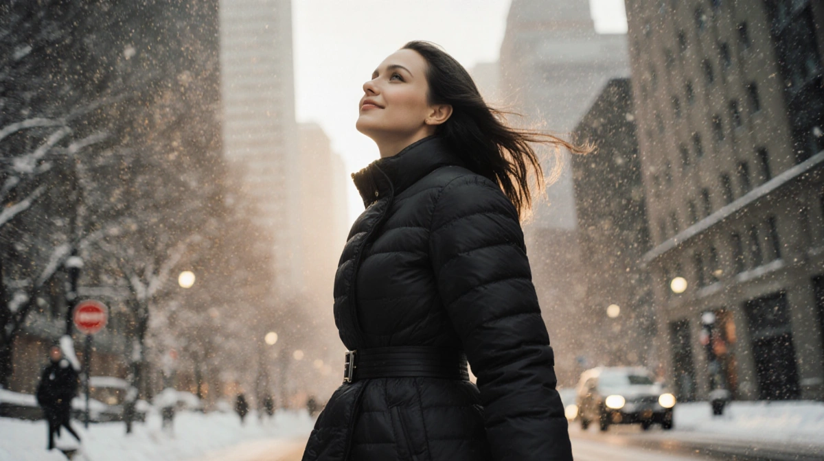 Jennifer Lawrence walking down snowy street with sleek black puffer coat and city skyline