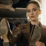 Jennifer Lawrence holds worn leather boots with scuffed details and natural light streaming through the closet door