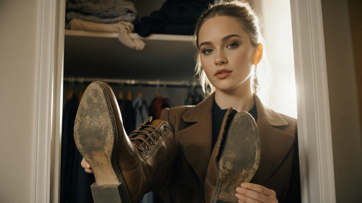 Jennifer Lawrence holds worn leather boots with scuffed details and natural light streaming through the closet door