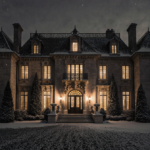 Mansion shining with warm golden light and dusting snow under a twilight sky.