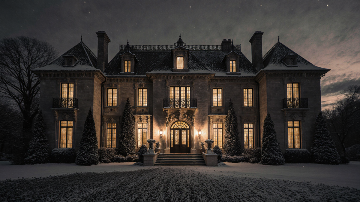 Mansion shining with warm golden light and dusting snow under a twilight sky.
