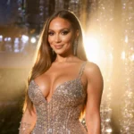 Jennifer Lopez posing in crystal-encrusted gown with golden light and sparkling background