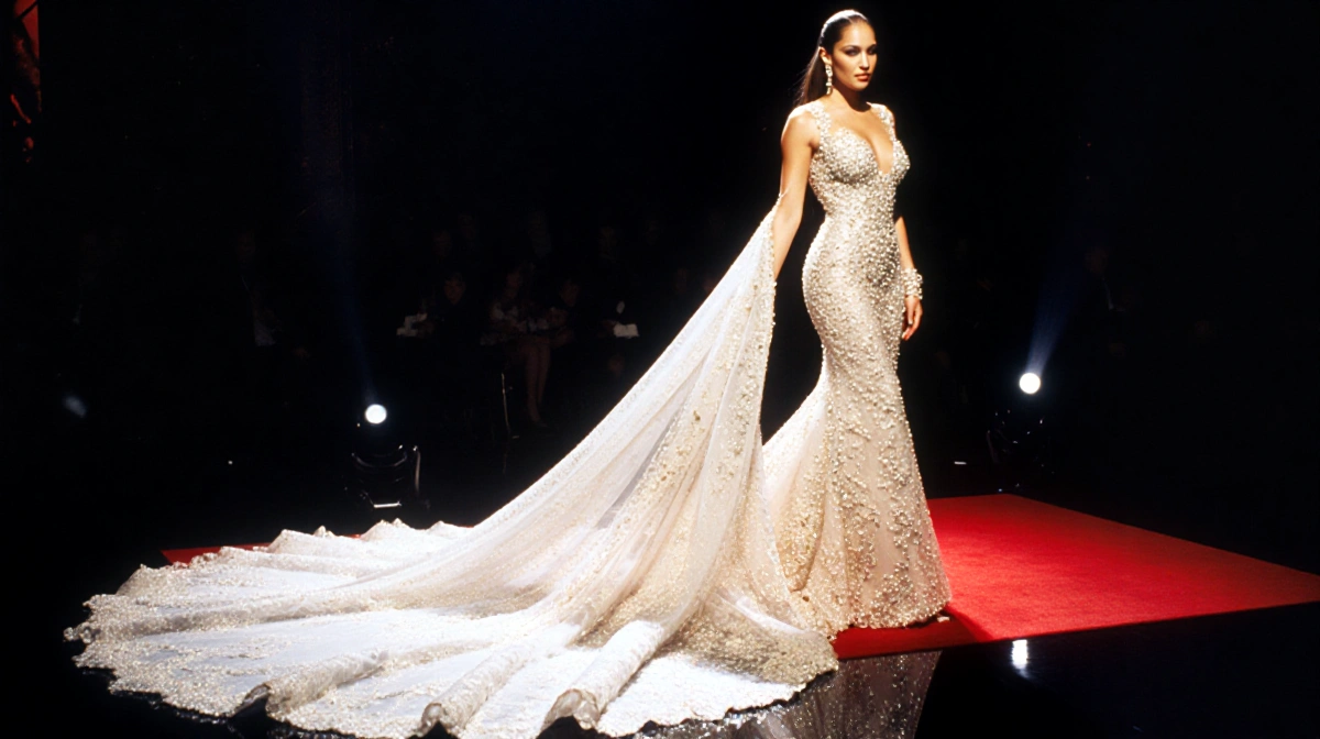 Jennifer Lopez posing in mermaid gown with intricate lace details and dramatic train under red carpet lights