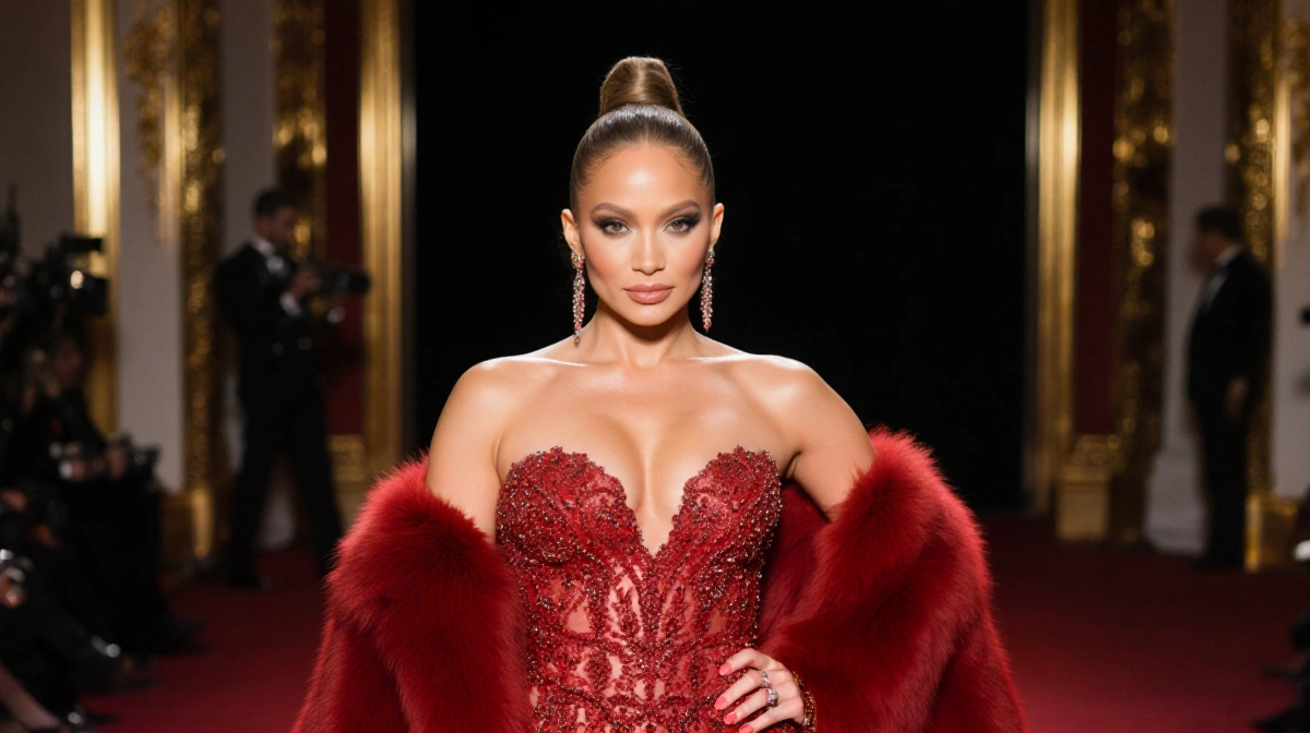 Jennifer Lopez posing on red carpet with strapless scarlet gown and fur shawl showing Hollywood glamour