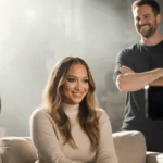 Jennifer Lopez smiles confidently at camera with director Cole Walliser standing nearby on set