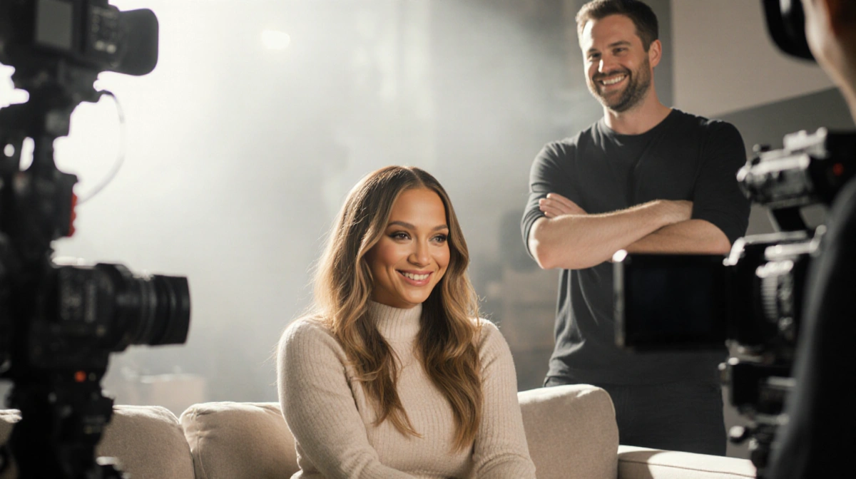 Jennifer Lopez smiles confidently at camera with director Cole Walliser standing nearby on set