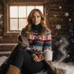 Jennifer Lopez relaxes in front of a cabin with hot cocoa and holly branches while wearing a cozy Fair Isle sweater