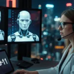 Jennifer Love Hewitt sits at call center desk with headset and tablet showing 9-1-1 logo while robot screens glow behind her