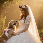 Jenny Lewis smiles with her dog in matching wedding attire with flowers and golden light