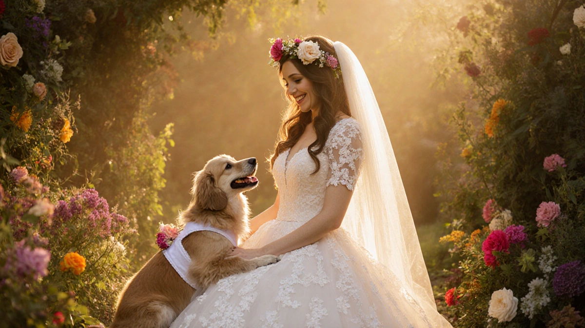 Jenny Lewis smiles with her dog in matching wedding attire with flowers and golden light