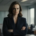 Jenny Slate standing with arms crossed looking fierce with a courtroom backdrop and a faint shadow of Justin Baldoni