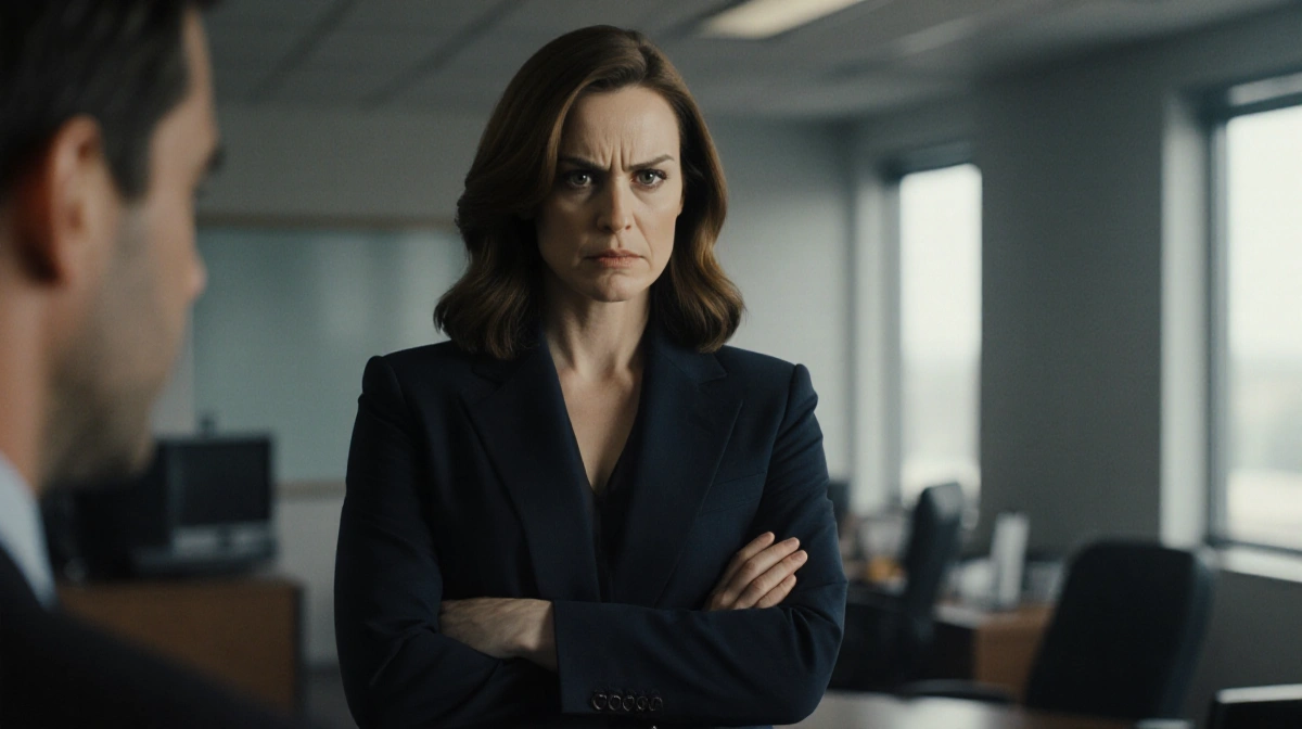 Jenny Slate standing with arms crossed looking fierce with a courtroom backdrop and a faint shadow of Justin Baldoni