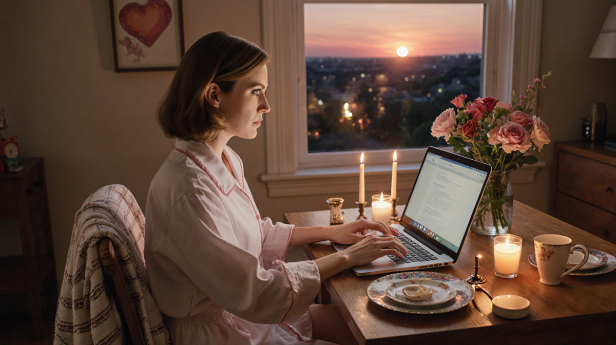 Jenny Slate typing on laptop with candles and flowers near a window showing a romantic sunset