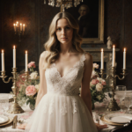 Jenny Slate standing in front of a vintage-inspired dinner table wearing a flowing white lace dress with soft ethereal glow