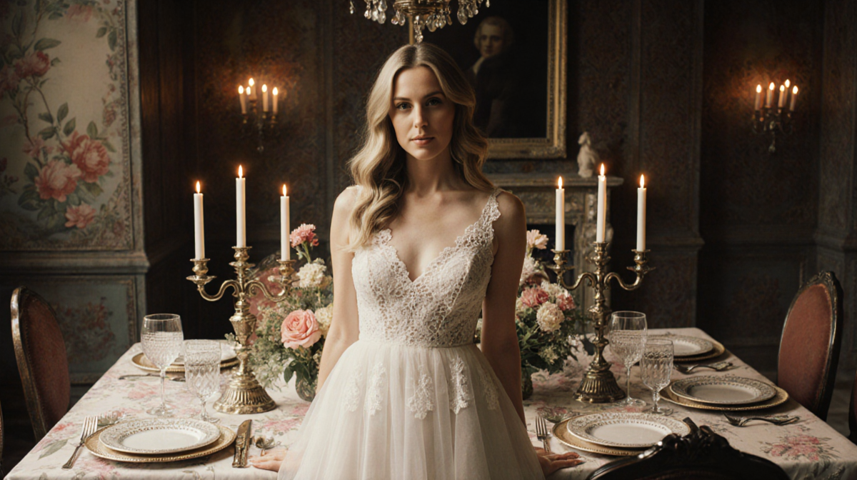 Jenny Slate standing in front of a vintage-inspired dinner table wearing a flowing white lace dress with soft ethereal glow