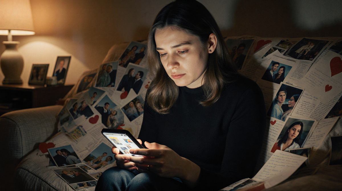 Jensen Savannah Nichol sits introspective holding phone with sentimental photos and love letters around her.