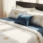 Jeremiah Brent bedding collection shows white sheets with arrow patterns and blue duvet with gold trim on inviting bed with p