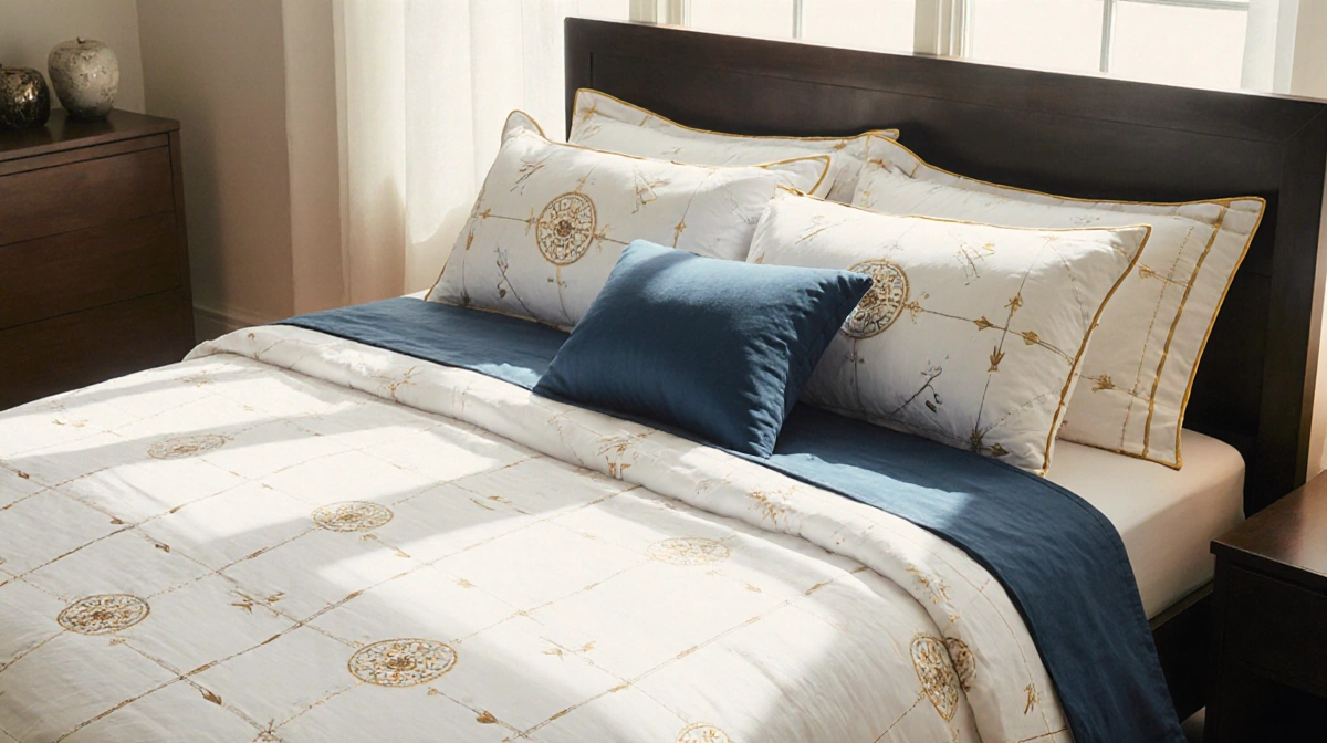 Jeremiah Brent bedding collection shows white sheets with arrow patterns and blue duvet with gold trim on inviting bed with p