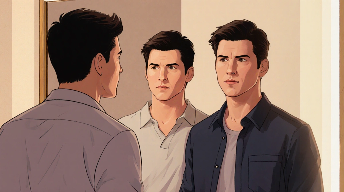 Jeremy Pope and Anthony Ramos stand with Ashton Kutcher looking in mirror with confident smiles showing shared vulnerability