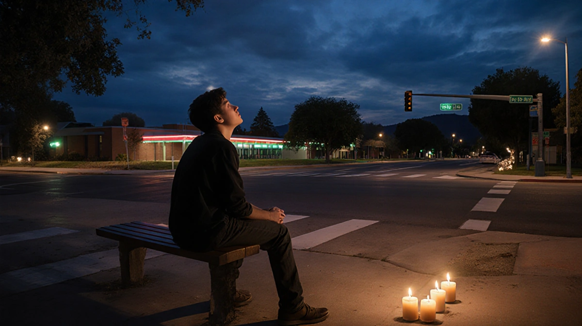 Jeremy Rosales sits on bench looking up with candlelight flickering and school visible in distance