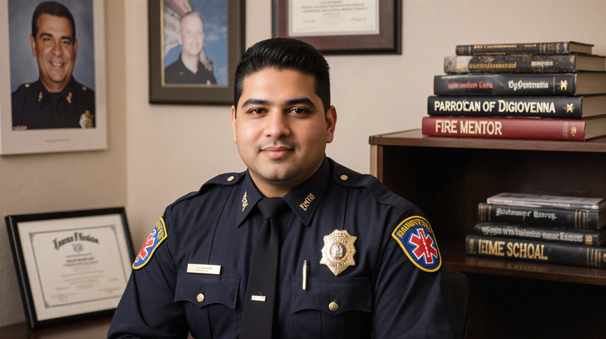 Jeremy Sanchez mentoring paramedic students with textbooks and certificates showing his fire chief career journey