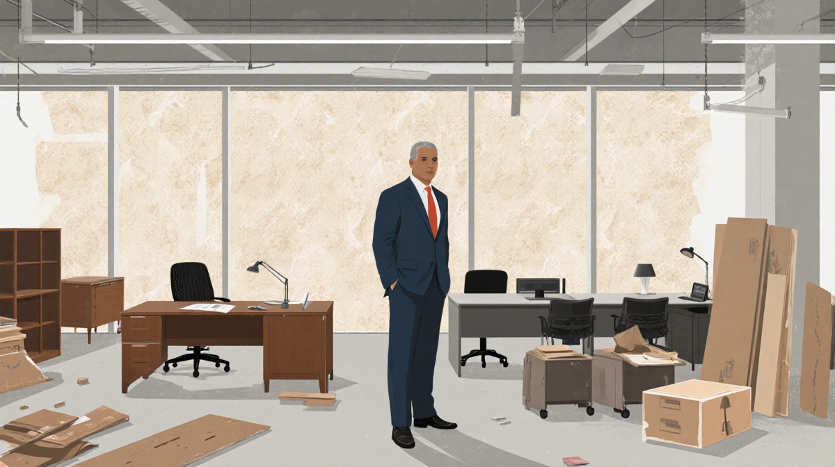 Jerome Powell stands in Federal Reserve office renovation with vintage desks and modern workstations showing transformation