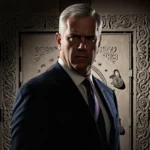 Jerome Powell stands before a historic bank vault with intricate stone carvings and Federal Reserve headlines visible through