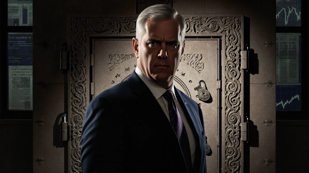 Jerome Powell stands before a historic bank vault with intricate stone carvings and Federal Reserve headlines visible through