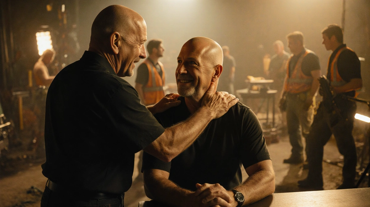 Jerry Bruckheimer stands with hands on Bruce Willis' shoulders with warm studio lighting and crew visible behind