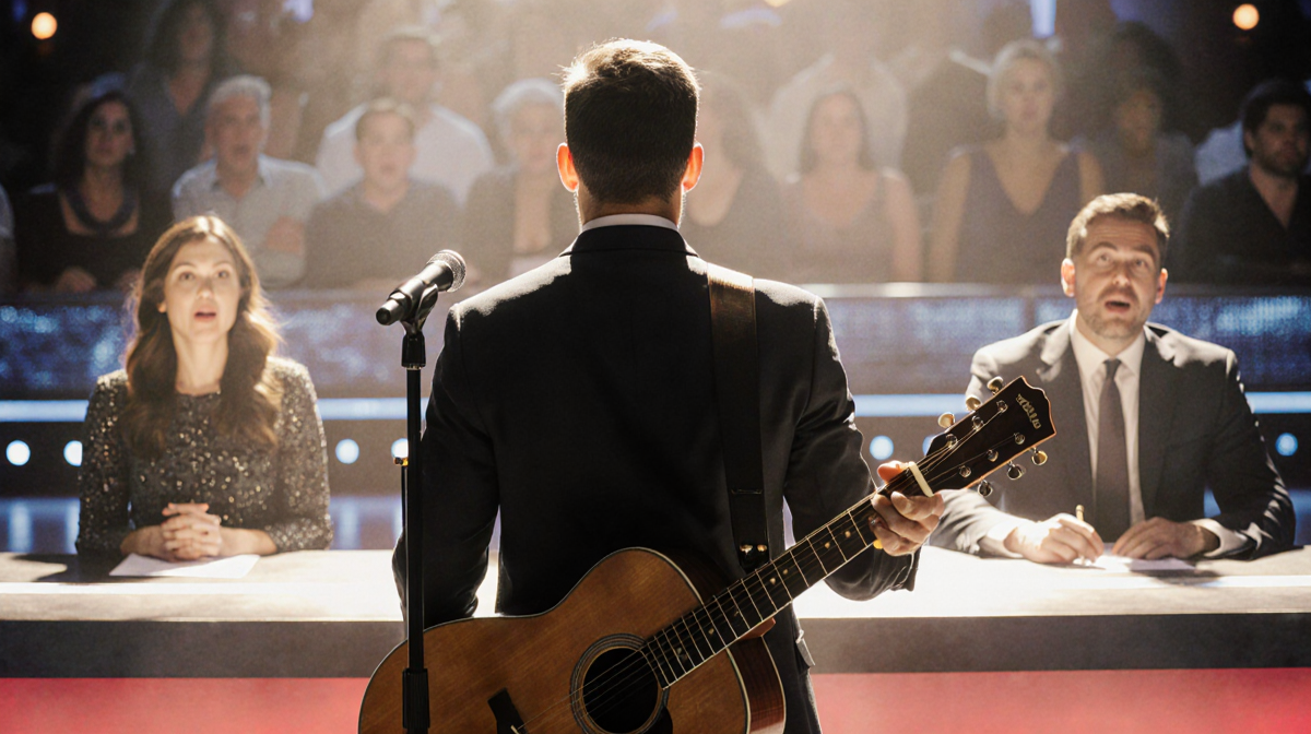 Jesse performs at the microphone with a guitar and judges in background showing surprised faces during audition