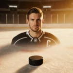 Jesse Kortuem stands confidently on the hockey rink with golden light and a puck at his feet showing resilience