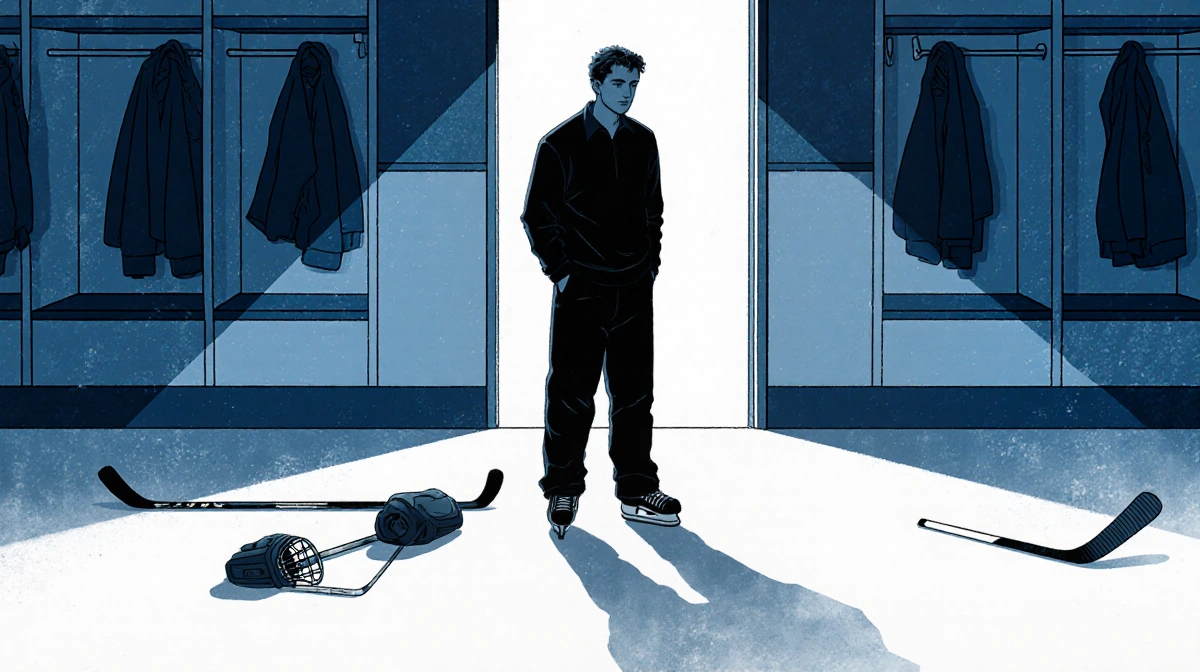 Jesse Kortuem standing alone at hockey locker room door with scattered gear on floor showing uncertainty