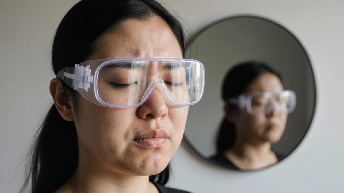 Jessi Ngatikaura squinting through protective goggles with a blurred mirror reflecting her distorted image behind