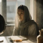 Jessi Ngatikaura gazes into foggy mirror with scarf covering her face and hospital room visible through window