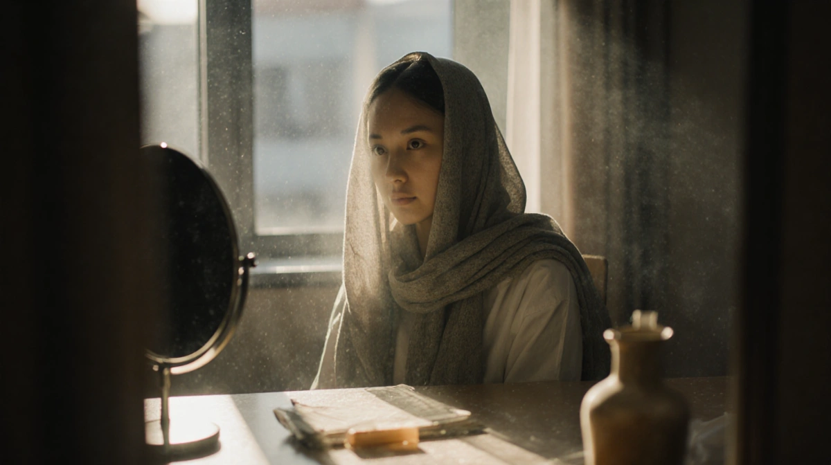 Jessi Ngatikaura gazes into foggy mirror with scarf covering her face and hospital room visible through window