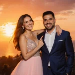 Jessica Cristobal stands with arm around husband Mario against Miami sunset wearing sparkling pink gown