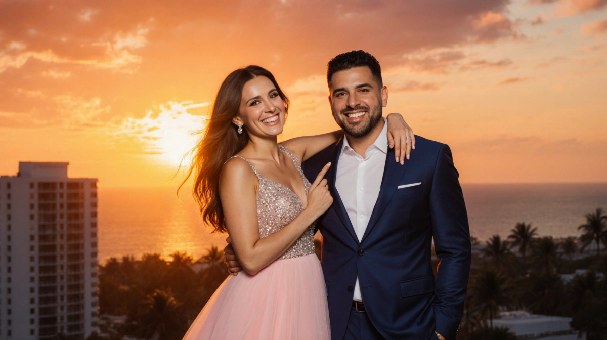 Jessica Cristobal stands with arm around husband Mario against Miami sunset wearing sparkling pink gown