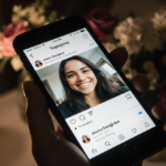 Phone screen shows Jessica smiling with hospital room and flowers recalling colorectal cancer journey.