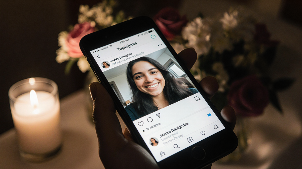 Phone screen shows Jessica smiling with hospital room and flowers recalling colorectal cancer journey.