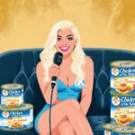Jessica Simpson smiling on couch with microphone and Chicken of the Sea tuna cans nearby