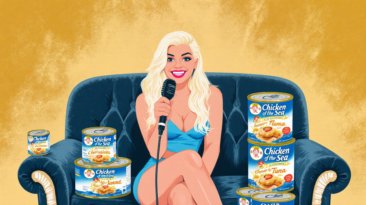 Jessica Simpson smiling on couch with microphone and Chicken of the Sea tuna cans nearby