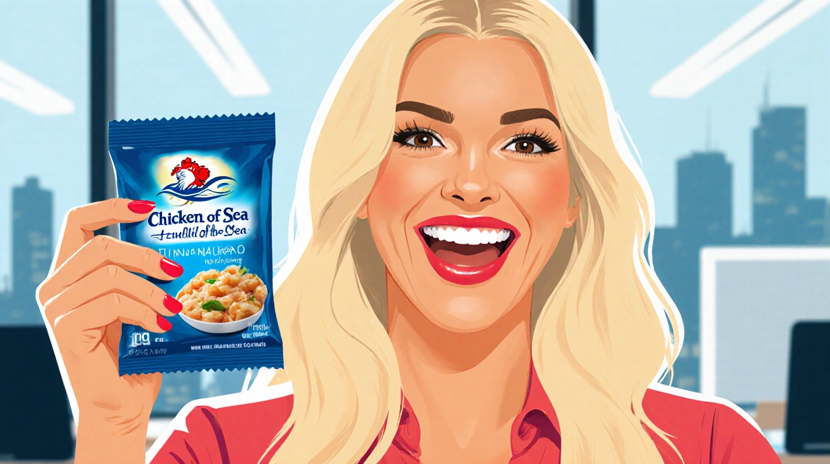 Jessica Simpson holding Chicken of the Sea tuna packet with bright smile and busy lifestyle in background